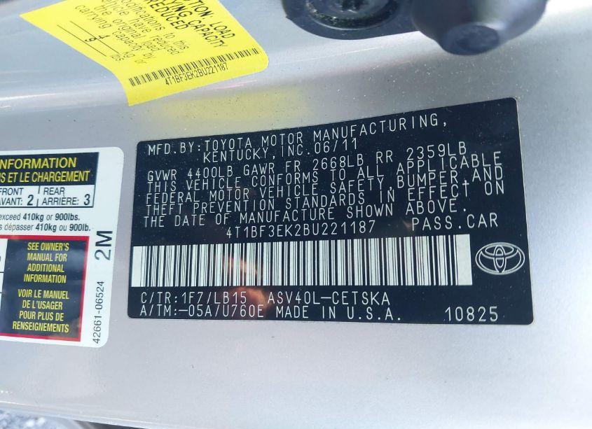 Photo 9 of 2011 Toyota Camry SE/LE/XLE (VIN 4T1BF3EK2BU221187)