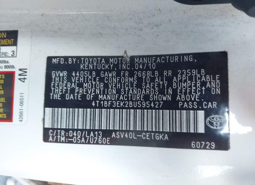 Photo 9 of 2011 Toyota Camry XLE (VIN 4T1BF3EK2BU595427)