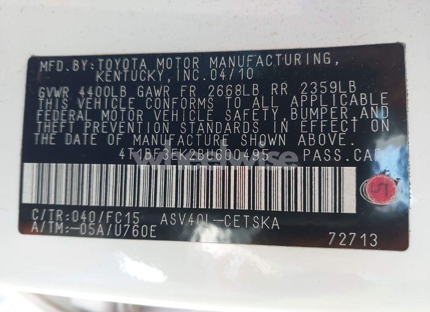 Photo 9 of 2011 Toyota Camry SE (VIN 4T1BF3EK2BU600495)