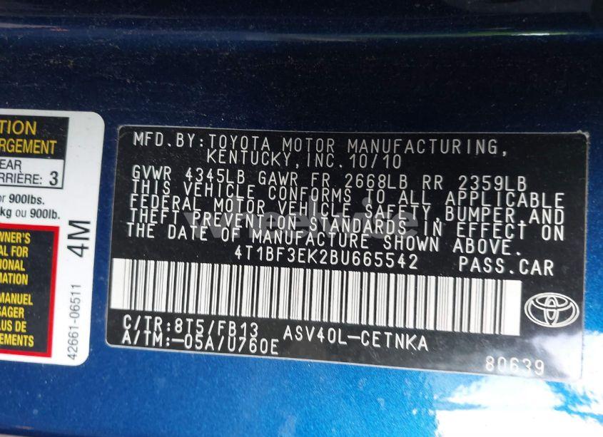 Photo 9 of 2011 Toyota Camry LE (VIN 4T1BF3EK2BU665542)