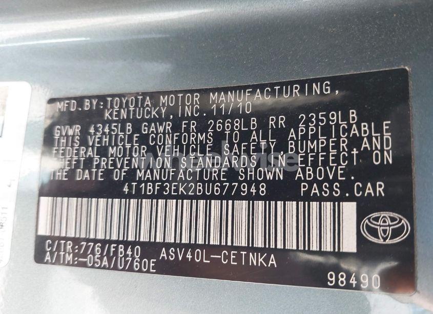 Photo 9 of 2011 Toyota Camry LE (VIN 4T1BF3EK2BU677948)