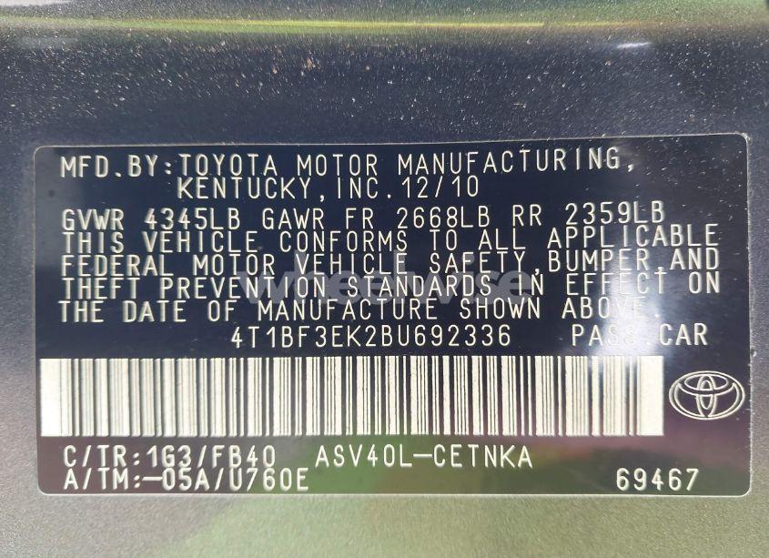 Photo 9 of 2011 Toyota Camry LE (VIN 4T1BF3EK2BU692336)