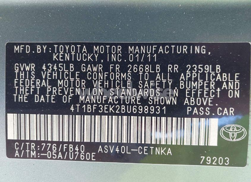 Photo 9 of 2011 Toyota Camry LE (VIN 4T1BF3EK2BU698931)