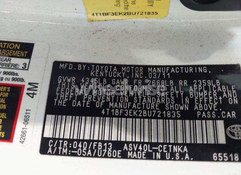 Photo 9 of 2011 Toyota Camry (VIN 4T1BF3EK2BU721835)