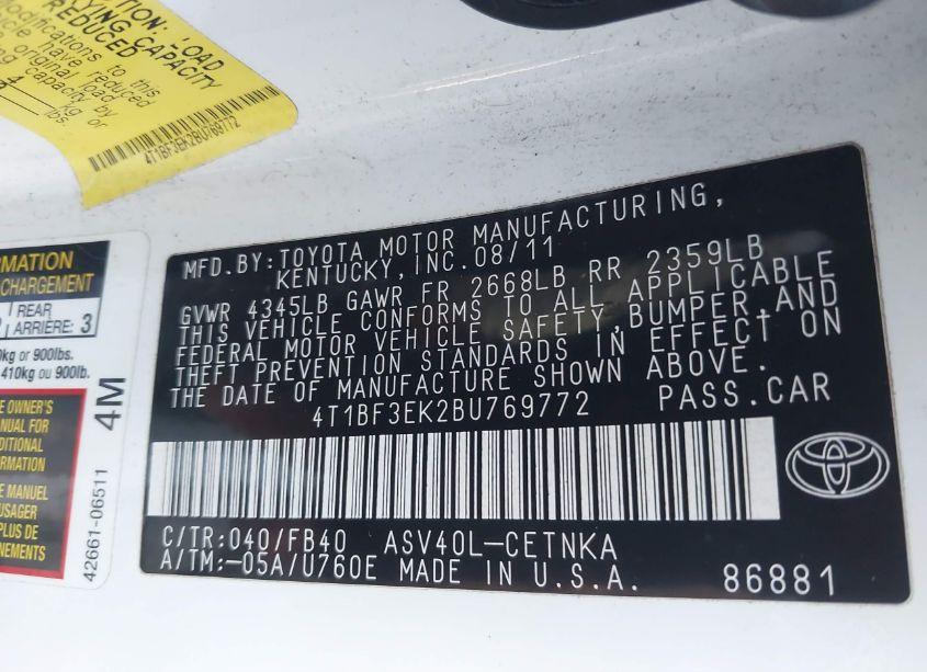 Photo 9 of 2011 Toyota Camry LE (VIN 4T1BF3EK2BU769772)