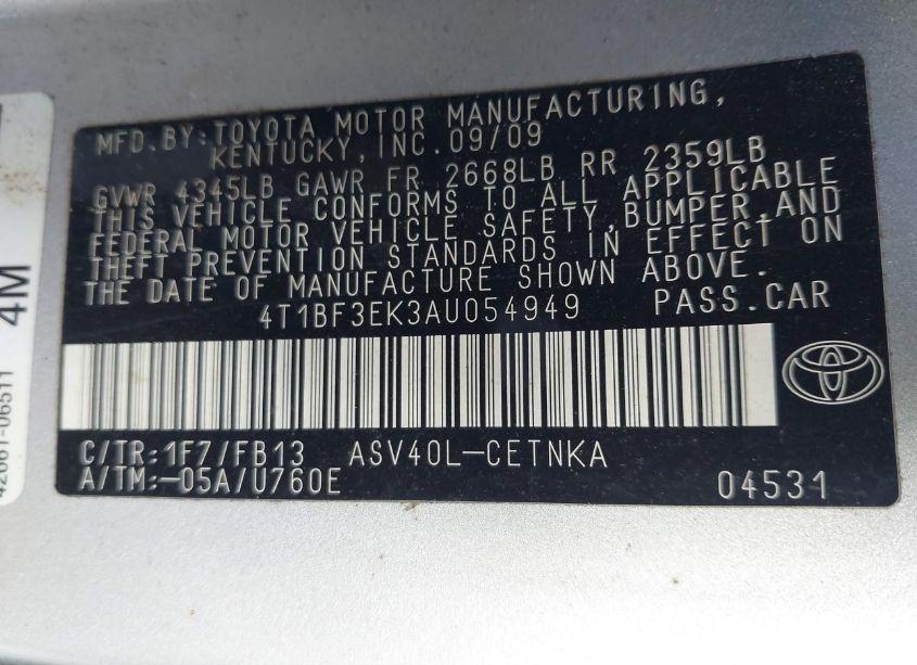 Photo 9 of 2010 Toyota Camry LE (VIN 4T1BF3EK3AU054949)