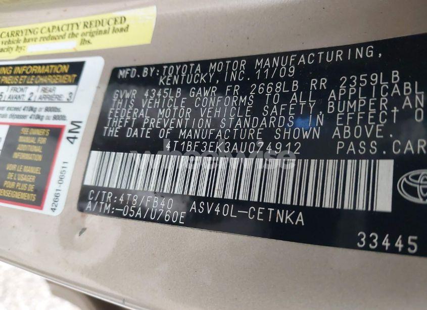 Photo 9 of 2010 Toyota Camry LE (VIN 4T1BF3EK3AU074912)