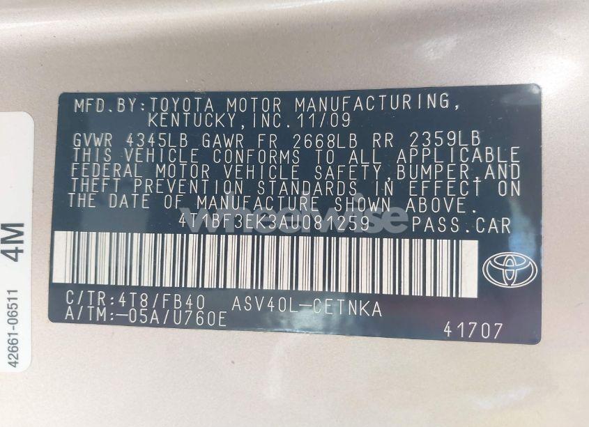 Photo 9 of 2010 Toyota Camry LE (VIN 4T1BF3EK3AU081259)