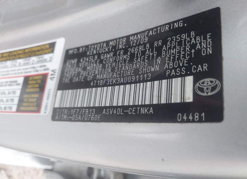 Photo 9 of 2010 Toyota Camry LE (VIN 4T1BF3EK3AU091113)