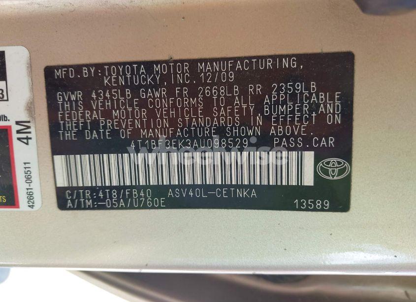 Photo 9 of 2010 Toyota Camry LE (VIN 4T1BF3EK3AU098529)