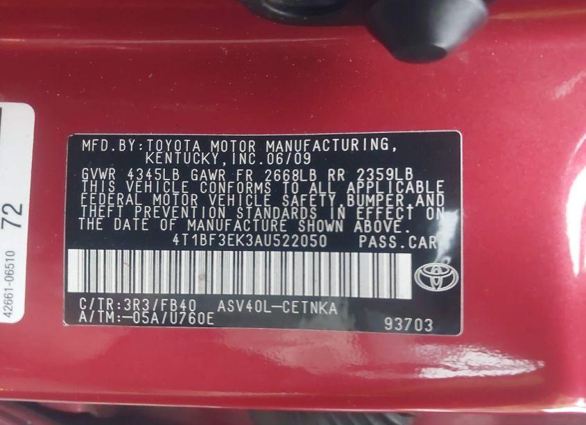 Photo 9 of 2010 Toyota Camry LE (VIN 4T1BF3EK3AU522050)