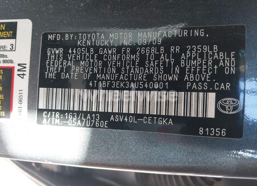 Photo 9 of 2010 Toyota Camry XLE (VIN 4T1BF3EK3AU540001)