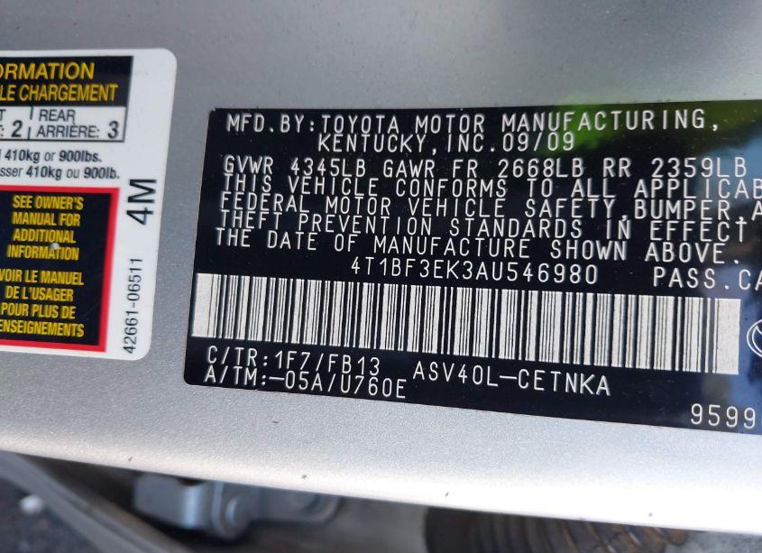 Photo 9 of 2010 Toyota Camry LE (VIN 4T1BF3EK3AU546980)