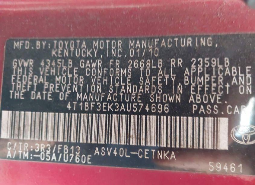 Photo 9 of 2010 Toyota Camry LE (VIN 4T1BF3EK3AU574696)