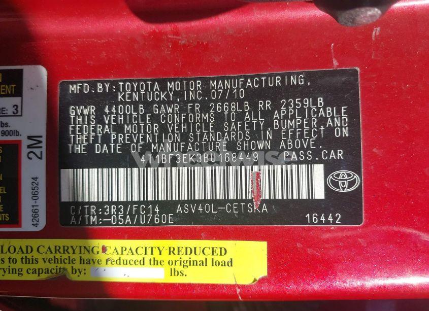 Photo 9 of 2011 Toyota Camry SE (VIN 4T1BF3EK3BU168449)