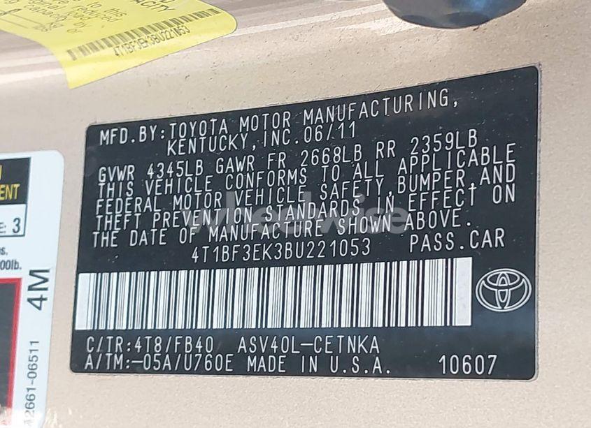 Photo 9 of 2011 Toyota Camry LE (VIN 4T1BF3EK3BU221053)