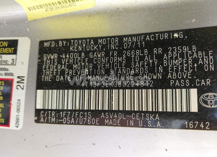 Photo 9 of 2011 Toyota Camry SE (VIN 4T1BF3EK3BU224812)