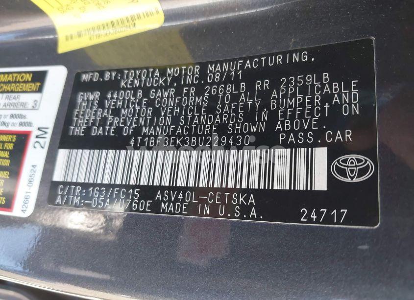 Photo 9 of 2011 Toyota Camry SE (VIN 4T1BF3EK3BU229430)