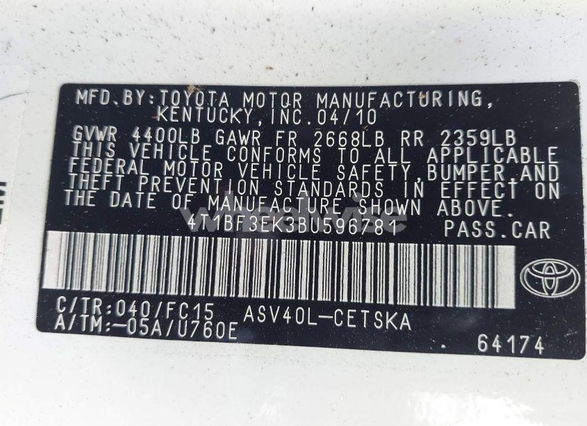 Photo 9 of 2011 Toyota Camry SE (VIN 4T1BF3EK3BU596781)