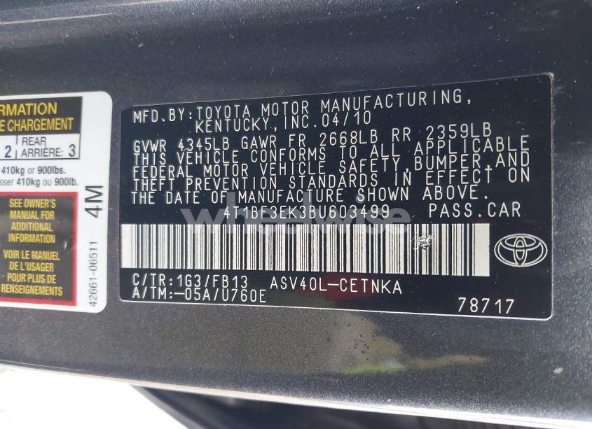 Photo 9 of 2011 Toyota Camry LE (VIN 4T1BF3EK3BU603499)