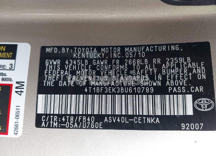 Photo 9 of 2011 Toyota Camry LE (VIN 4T1BF3EK3BU610789)