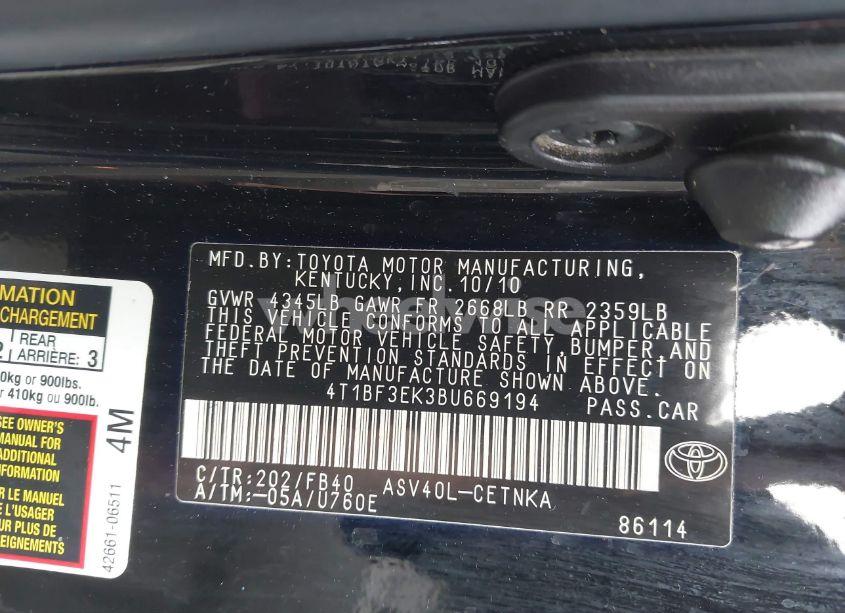 Photo 9 of 2011 Toyota Camry LE (VIN 4T1BF3EK3BU669194)