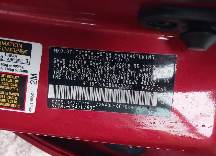 Photo 9 of 2011 Toyota Camry SE (VIN 4T1BF3EK3BU670393)