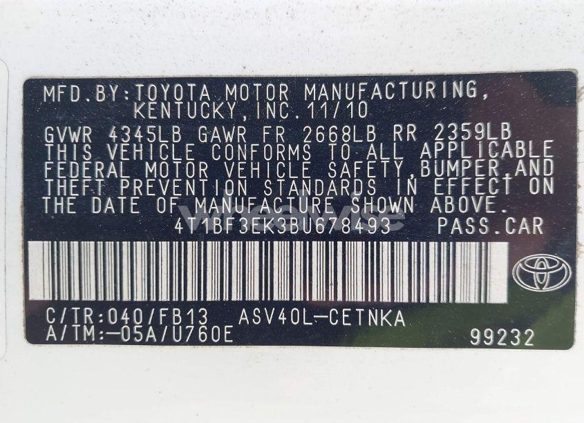Photo 9 of 2011 Toyota Camry LE (VIN 4T1BF3EK3BU678493)