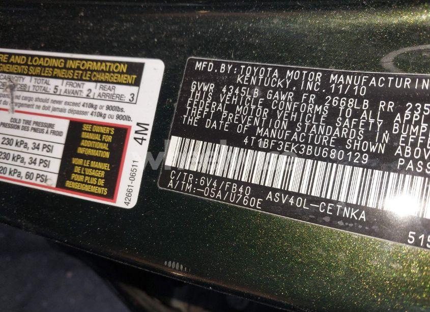 Photo 9 of 2011 Toyota Camry LE (VIN 4T1BF3EK3BU680129)