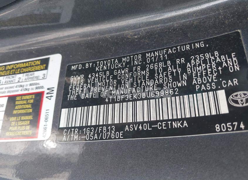 Photo 9 of 2011 Toyota Camry LE (VIN 4T1BF3EK3BU699862)