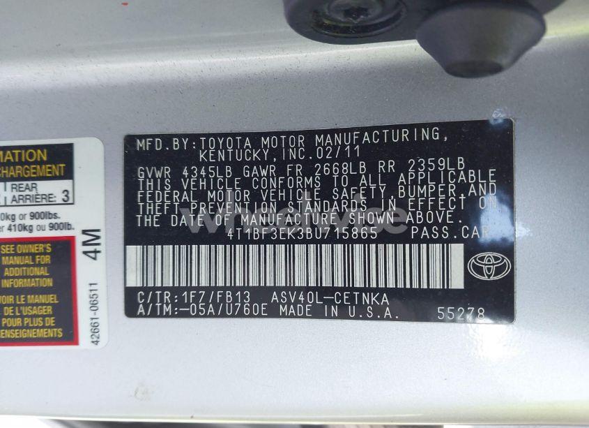 Photo 9 of 2011 Toyota Camry LE (VIN 4T1BF3EK3BU715865)