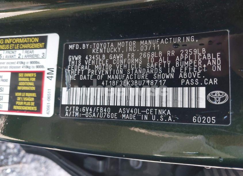 Photo 9 of 2011 Toyota Camry LE/SE/XLE (VIN 4T1BF3EK3BU718717)