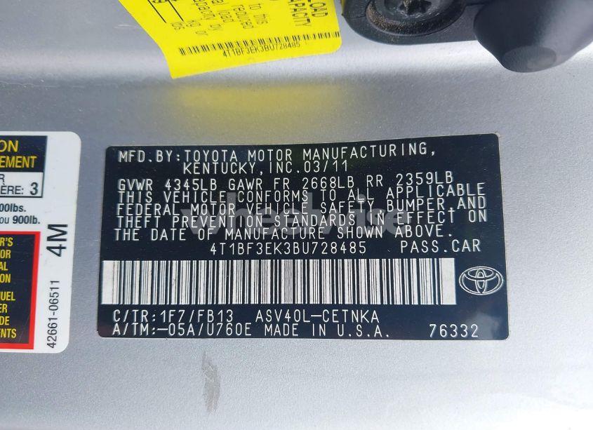 Photo 9 of 2011 Toyota Camry LE (VIN 4T1BF3EK3BU728485)