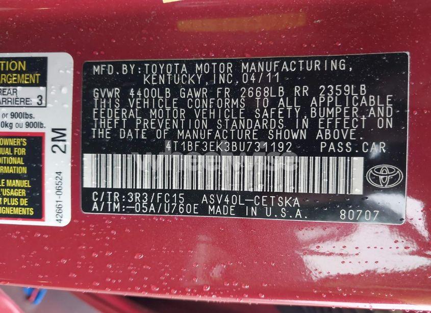 Photo 9 of 2011 Toyota Camry SE (VIN 4T1BF3EK3BU731192)