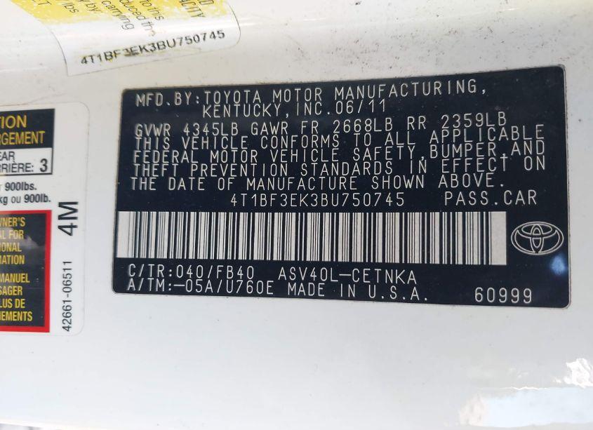 Photo 9 of 2011 Toyota Camry LE (VIN 4T1BF3EK3BU750745)