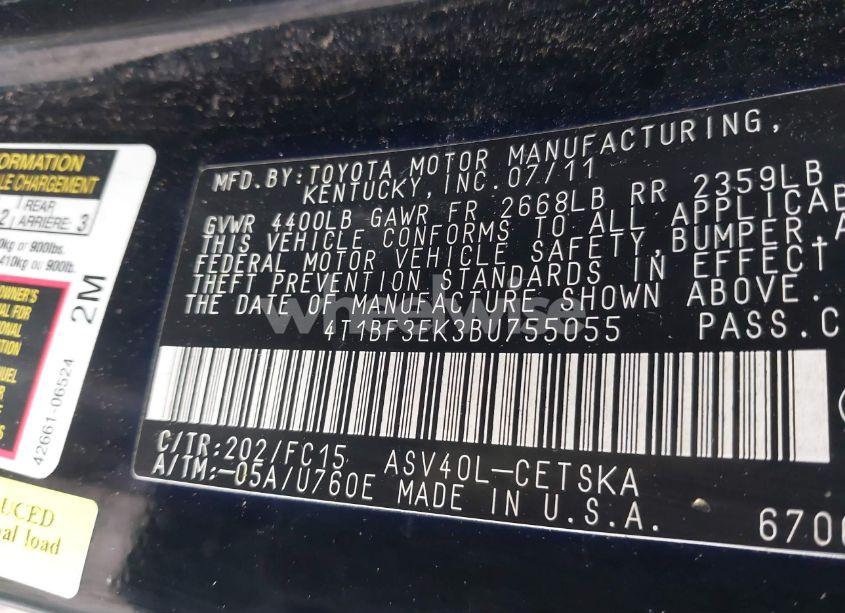 Photo 9 of 2011 Toyota Camry SE (VIN 4T1BF3EK3BU755055)