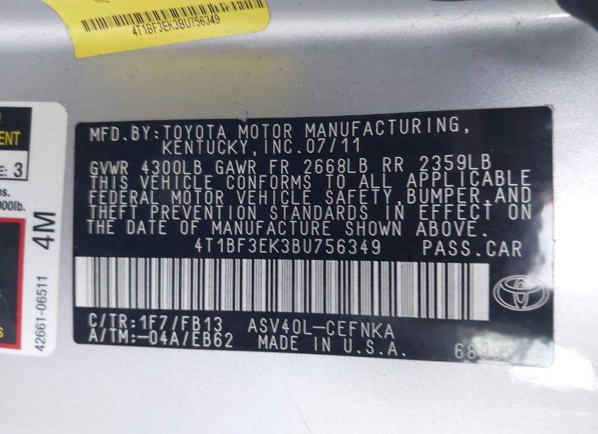 Photo 9 of 2011 Toyota Camry (VIN 4T1BF3EK3BU756349)