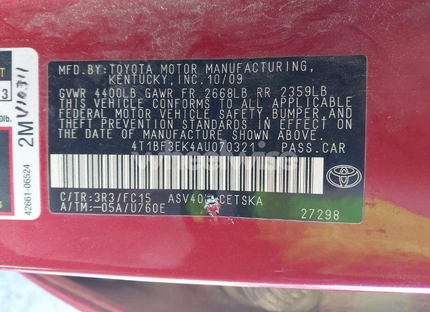 Photo 9 of 2010 Toyota Camry SE (VIN 4T1BF3EK4AU070321)