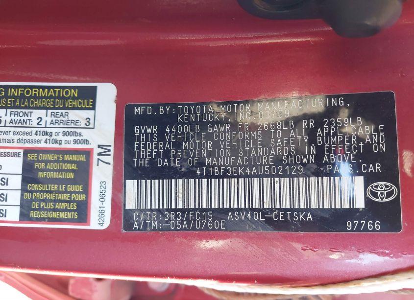 Photo 9 of 2010 Toyota Camry SE (VIN 4T1BF3EK4AU502129)