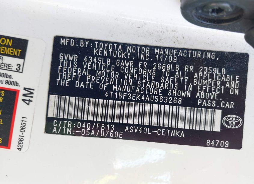 Photo 9 of 2010 Toyota Camry LE (VIN 4T1BF3EK4AU563268)