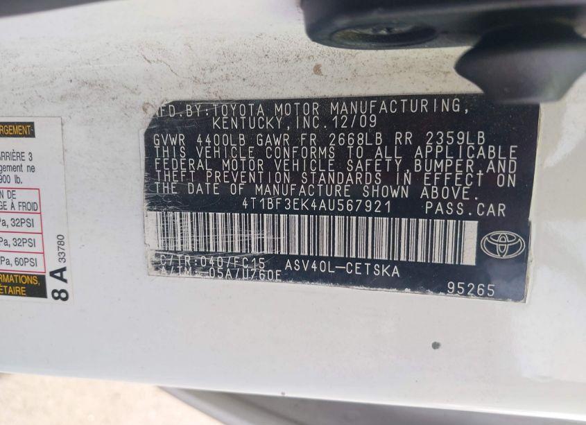 Photo 9 of 2010 Toyota Camry SE (VIN 4T1BF3EK4AU567921)