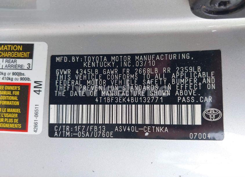 Photo 9 of 2011 Toyota Camry LE (VIN 4T1BF3EK4BU132771)