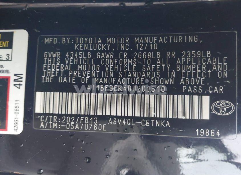 Photo 9 of 2011 Toyota Camry LE (VIN 4T1BF3EK4BU201510)