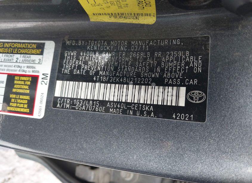 Photo 9 of 2011 Toyota Camry SE (VIN 4T1BF3EK4BU212202)