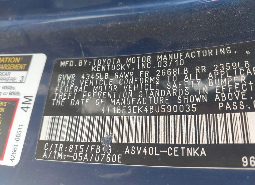 Photo 9 of 2011 Toyota Camry LE (VIN 4T1BF3EK4BU590035)