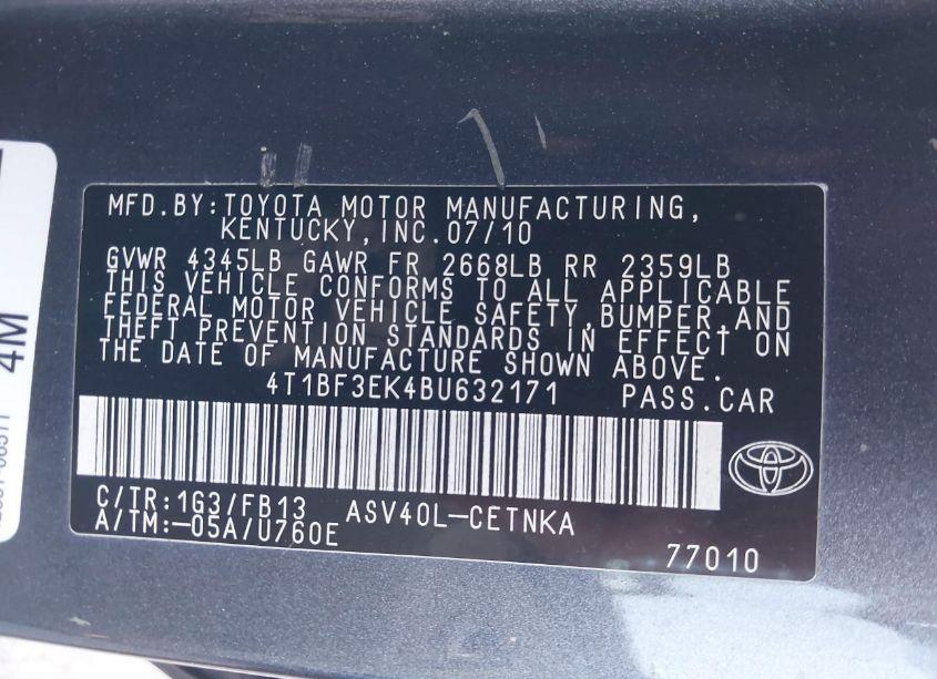 Photo 9 of 2011 Toyota Camry LE (VIN 4T1BF3EK4BU632171)