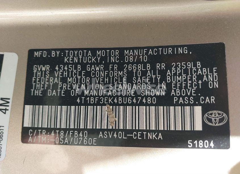 Photo 9 of 2011 Toyota Camry LE (VIN 4T1BF3EK4BU647480)