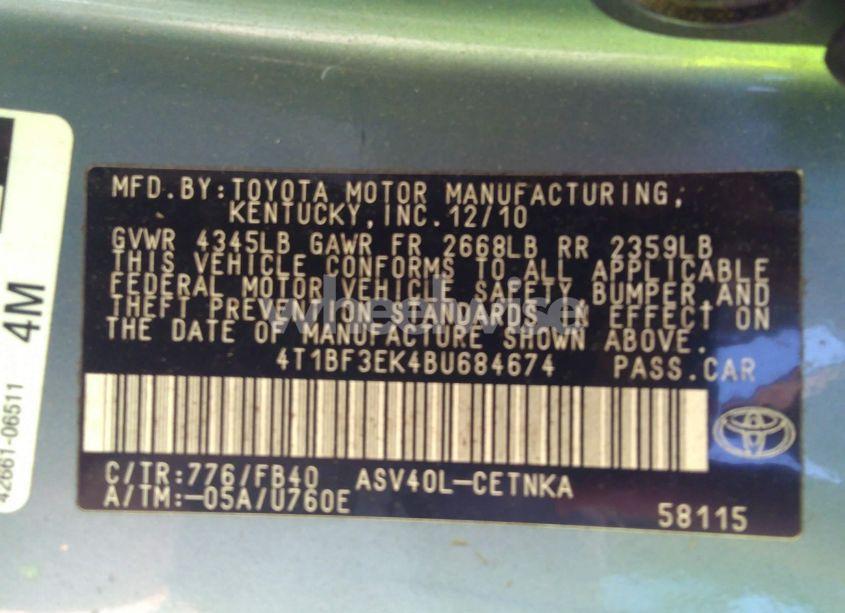 Photo 9 of 2011 Toyota Camry LE (VIN 4T1BF3EK4BU684674)