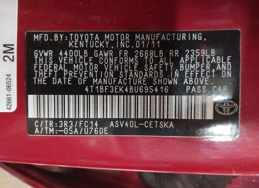 Photo 9 of 2011 Toyota Camry SE (VIN 4T1BF3EK4BU695416)