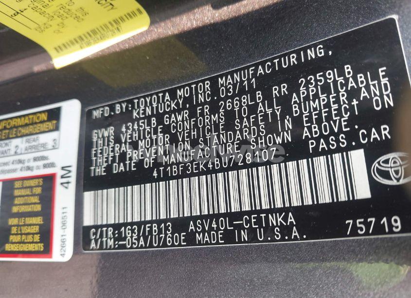 Photo 9 of 2011 Toyota Camry LE (VIN 4T1BF3EK4BU728107)